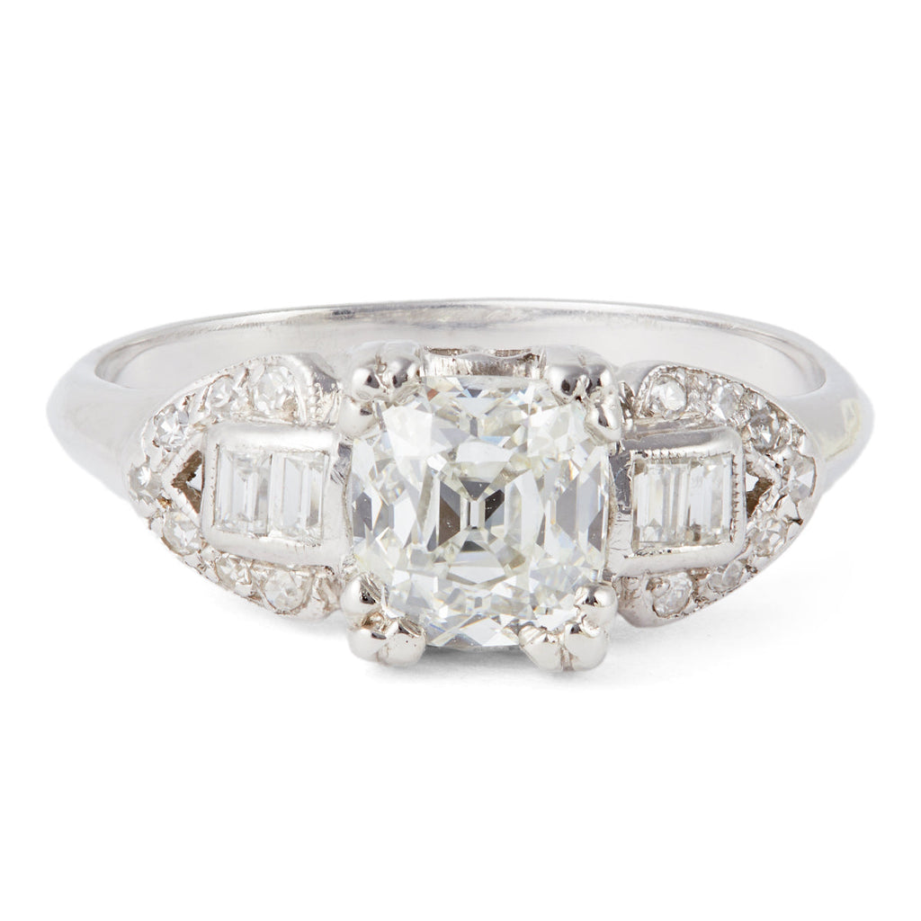 Art Deco GIA 1.04 Carats Cushion Cut Diamond Platinum Ring
