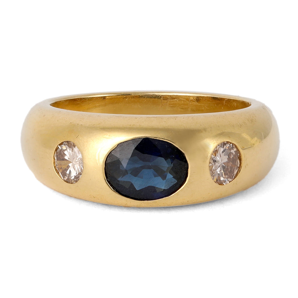 Vintage Sapphire Diamond 18k Yellow Gold Three Stone Ring
