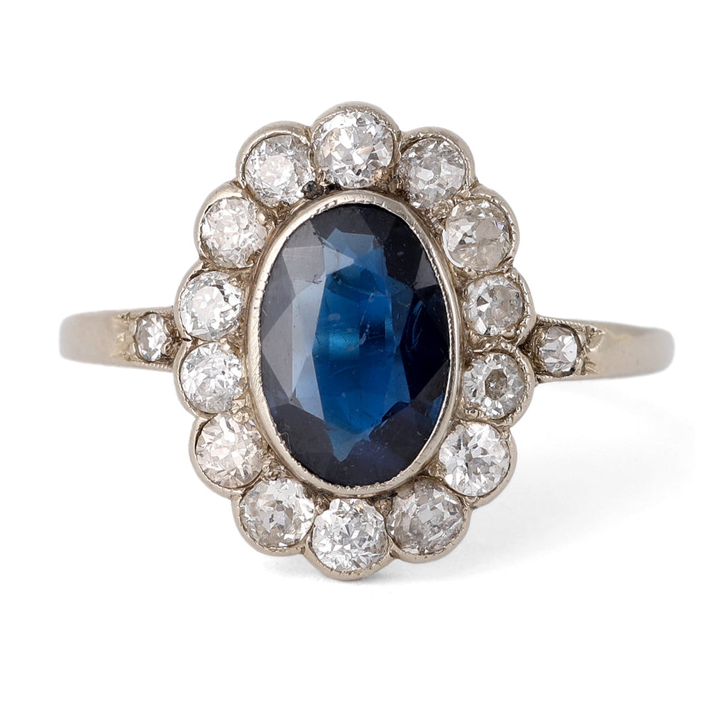 Edwardian Sapphire Diamond 14k White Gold Cluster Ring