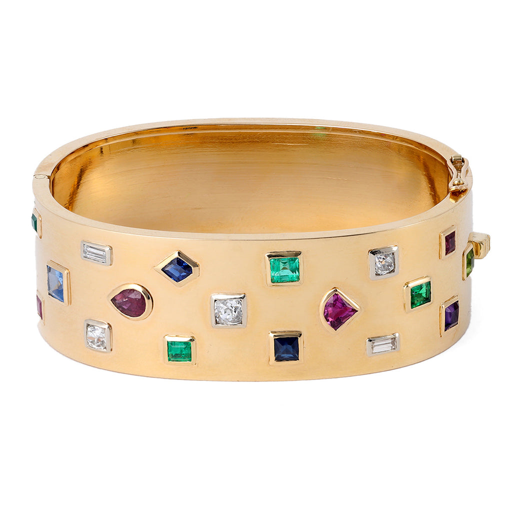 Vintage Gemstone Diamond 14 Karat Yellow Gold Hinged Bracelet
