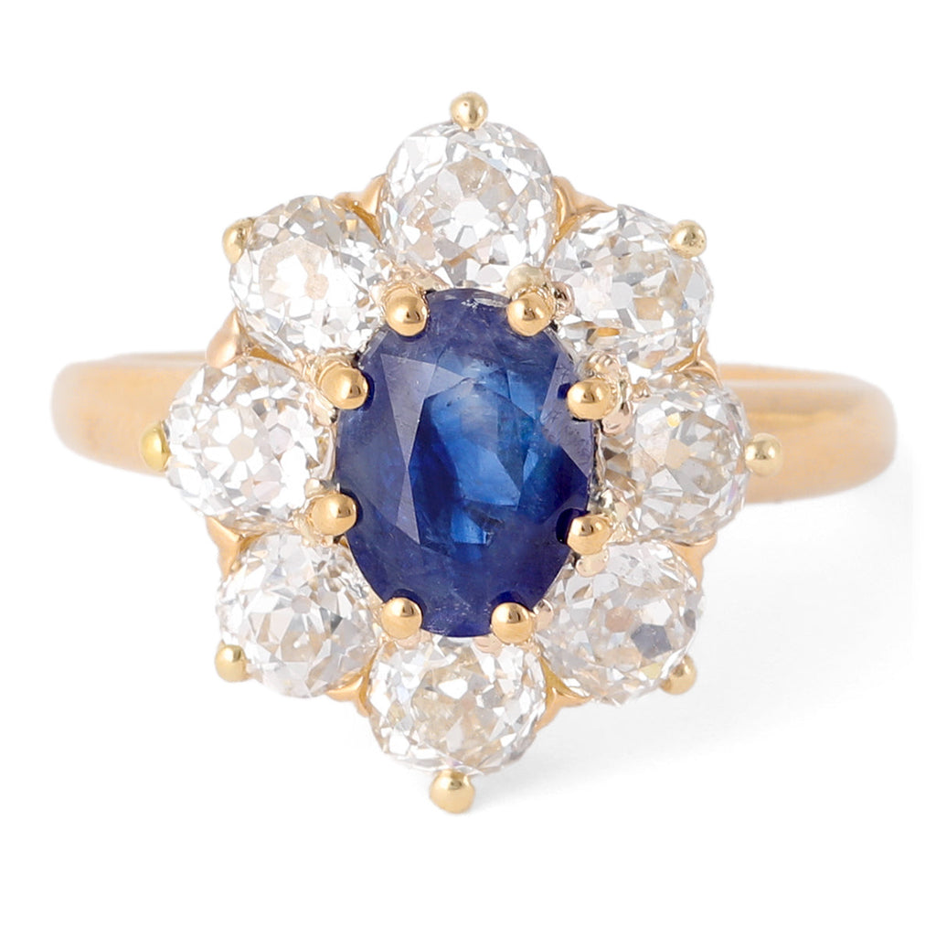 Edwardian GIA 1.41 Carats Kashmir No Heat Sapphire Diamond 18k Gold Cluster Ring