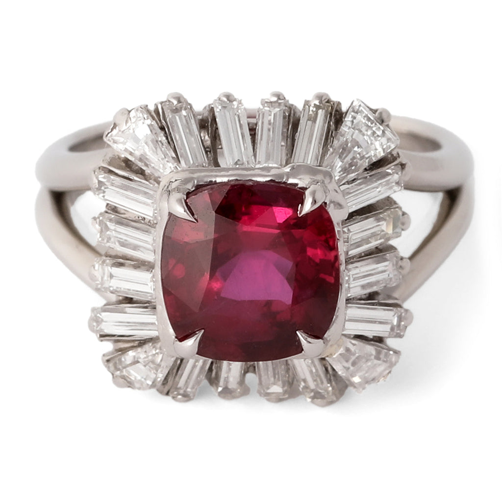 Mid Century GIA 2.58 Carat Thailand Ruby Diamond Platinum Ballerina Ring