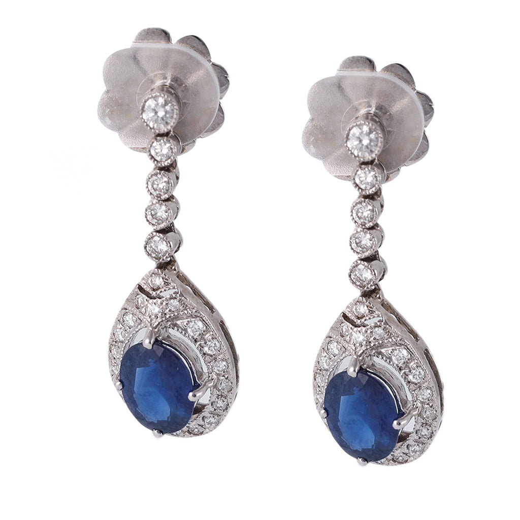 Art Deco Inspired Sapphire Diamond 18k White Gold Dangle Earrings