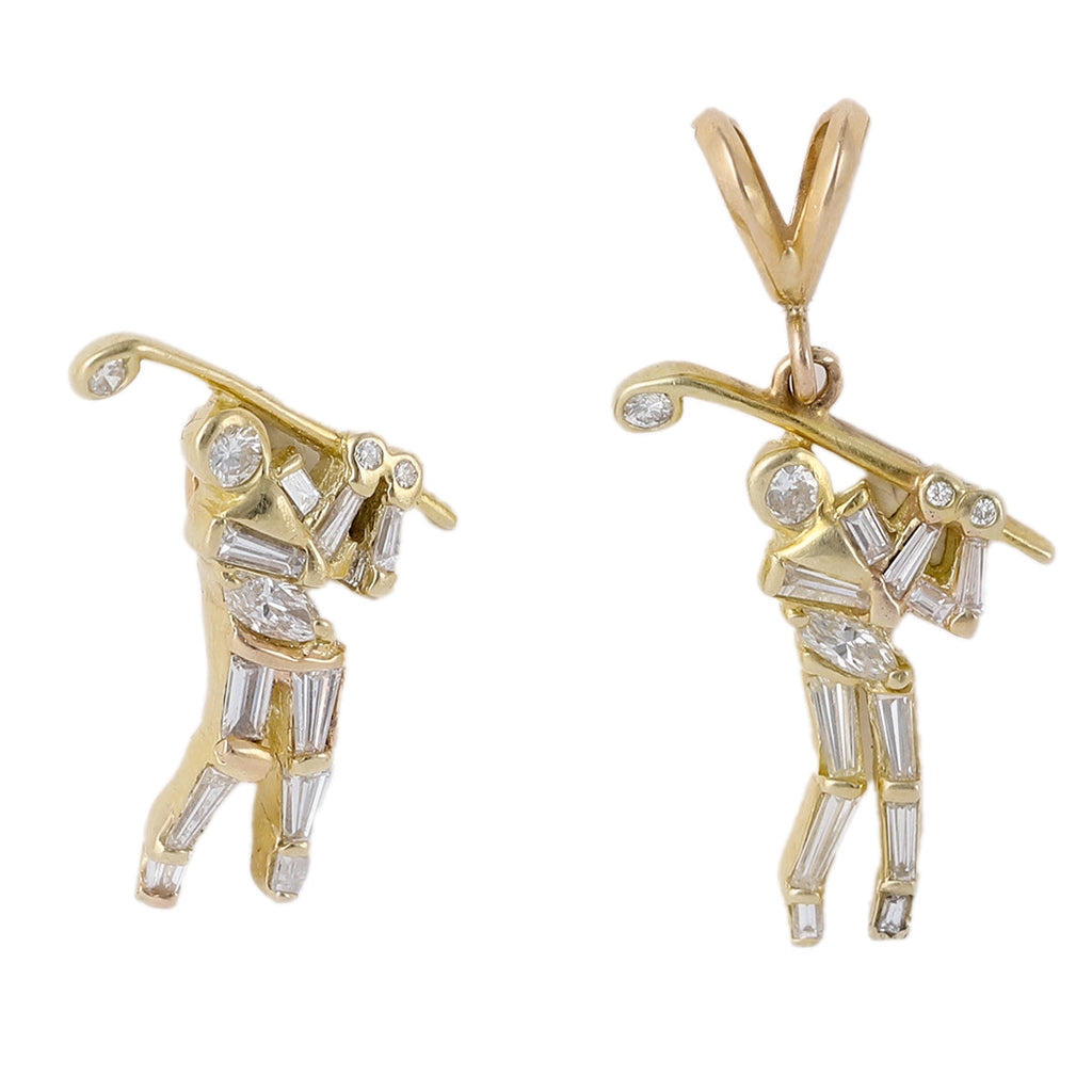 Vintage Jose Hess Diamond 14k Yellow Gold Golfers Pendant Set