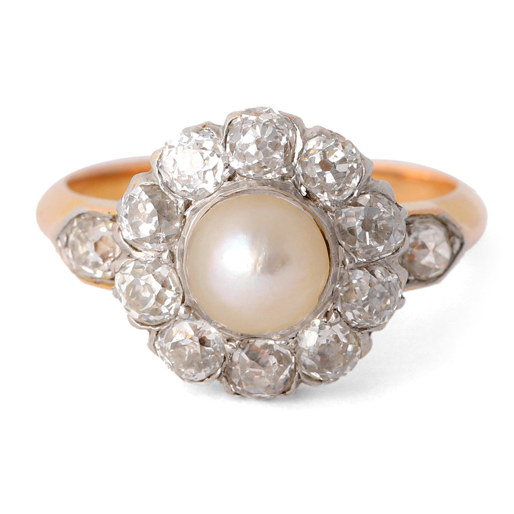Edwardian Pearl Diamond 18k Yellow Gold Platinum Cluster Ring