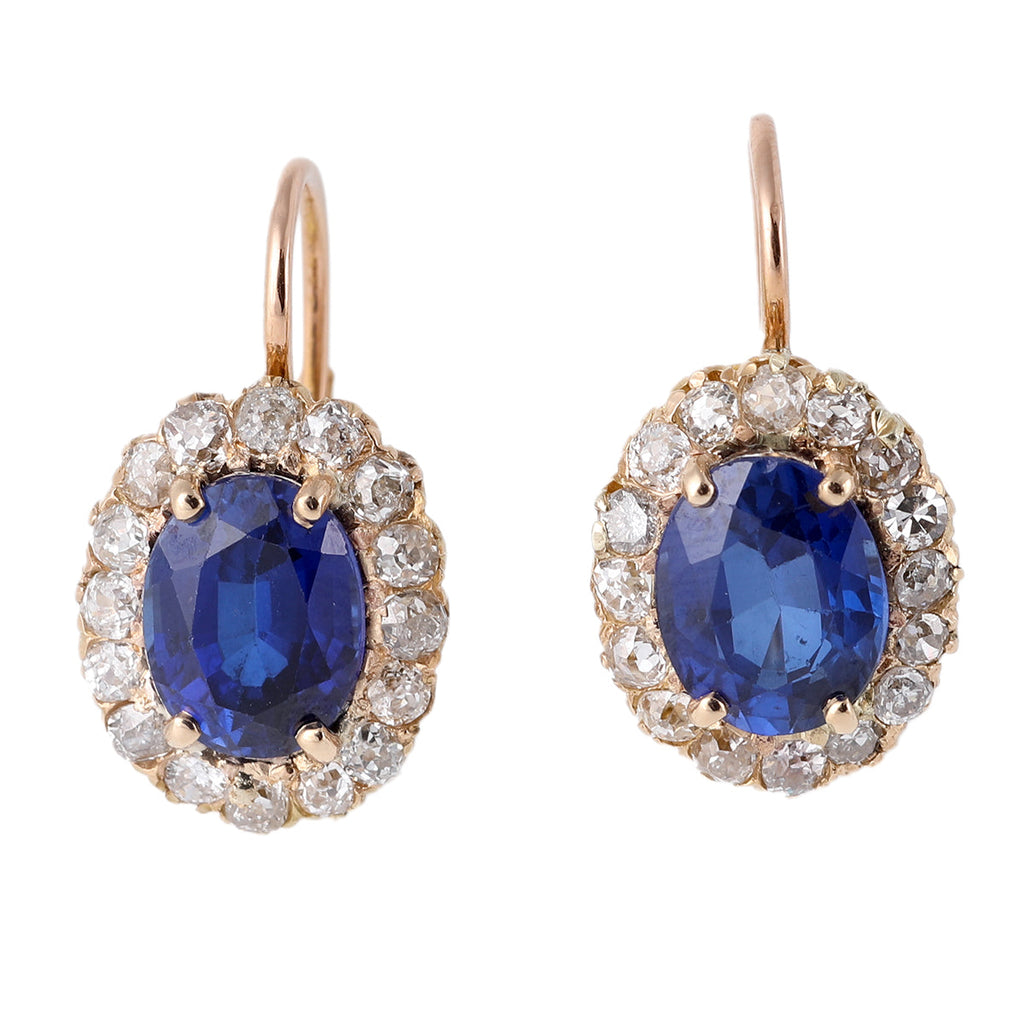 Edwardian Synthetic Sapphire Diamond 14k Yellow Gold Cluster Earrings