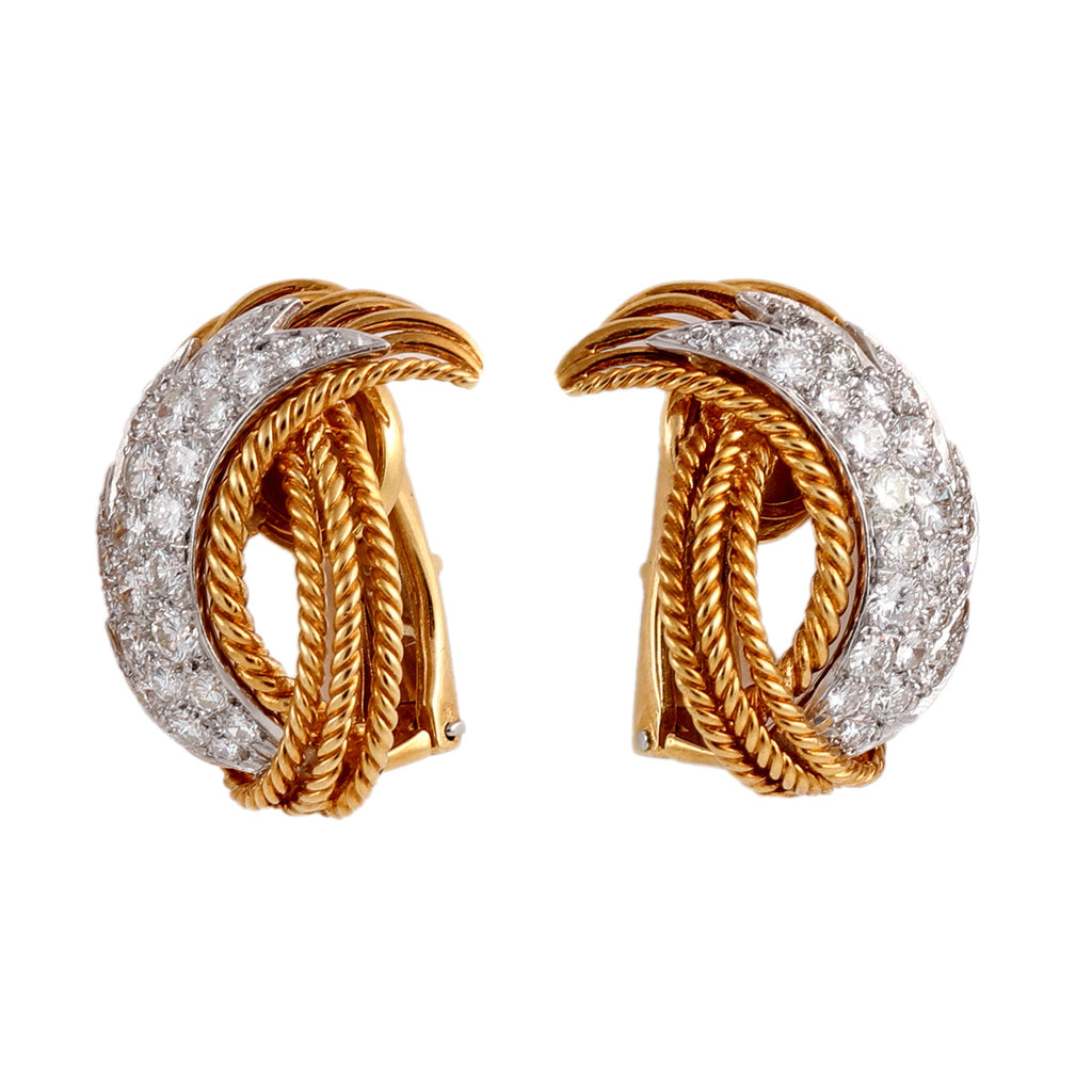 Mid Century Diamond Platinum 18k Yellow Gold Ear Clip Earrings