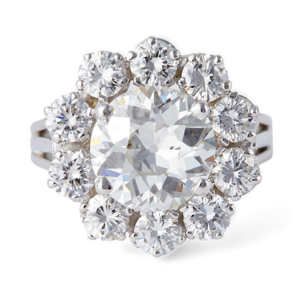 Mid Century French GIA 2.31 Carat Old European Cut Diamond Platinum Cluster Ring