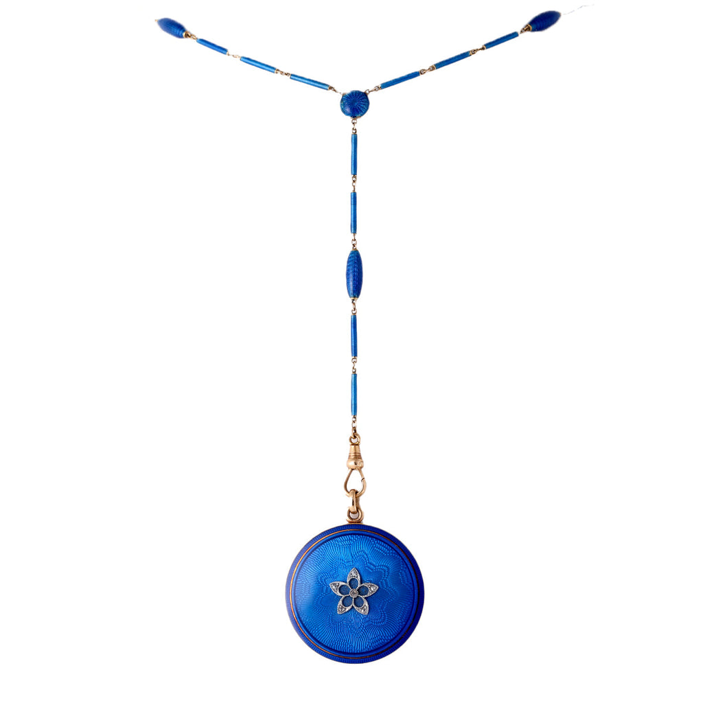 Edwardian Diamond Royal Blue Guilloche Enamel 14k Yellow Gold Locket and Chain Necklace
