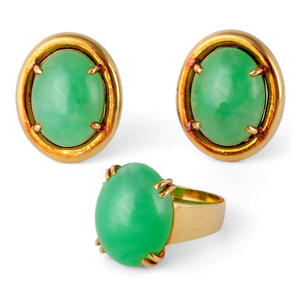Mid Century Gumps Jade 18k Yellow Gold Earrings and Ring Set