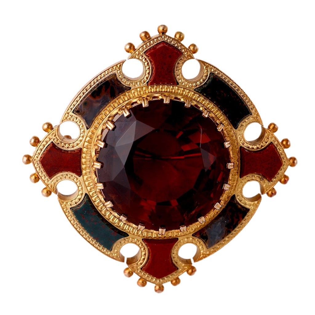 Victorian Citrine Scottish Agate 14k Yellow Gold Brooch