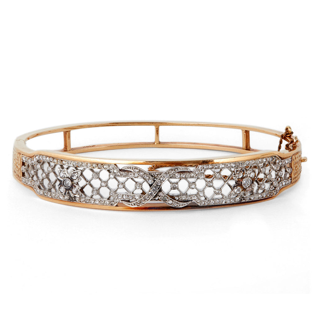 Retro Diamond Platinum 14k Yellow Gold Hinged Bracelet