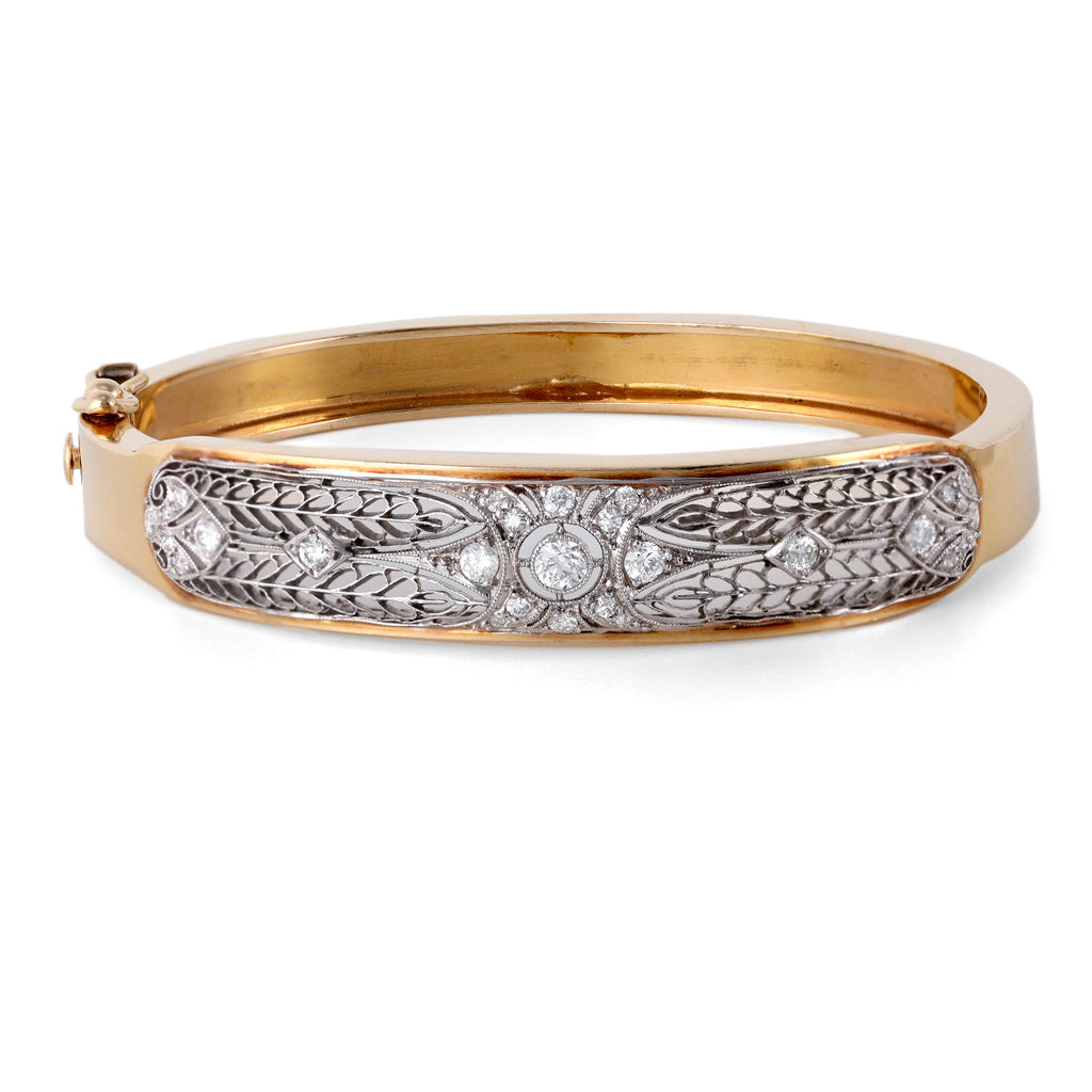 Retro Art Deco Diamond Platinum 14k Yellow Gold Hinged Bracelet