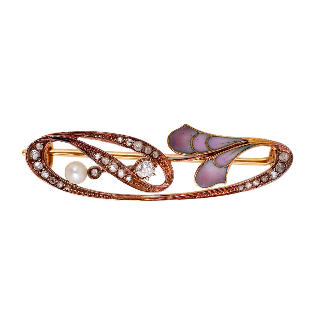 Art Nouveau Diamond Pearl 18k Yellow Gold Enamel Brooch