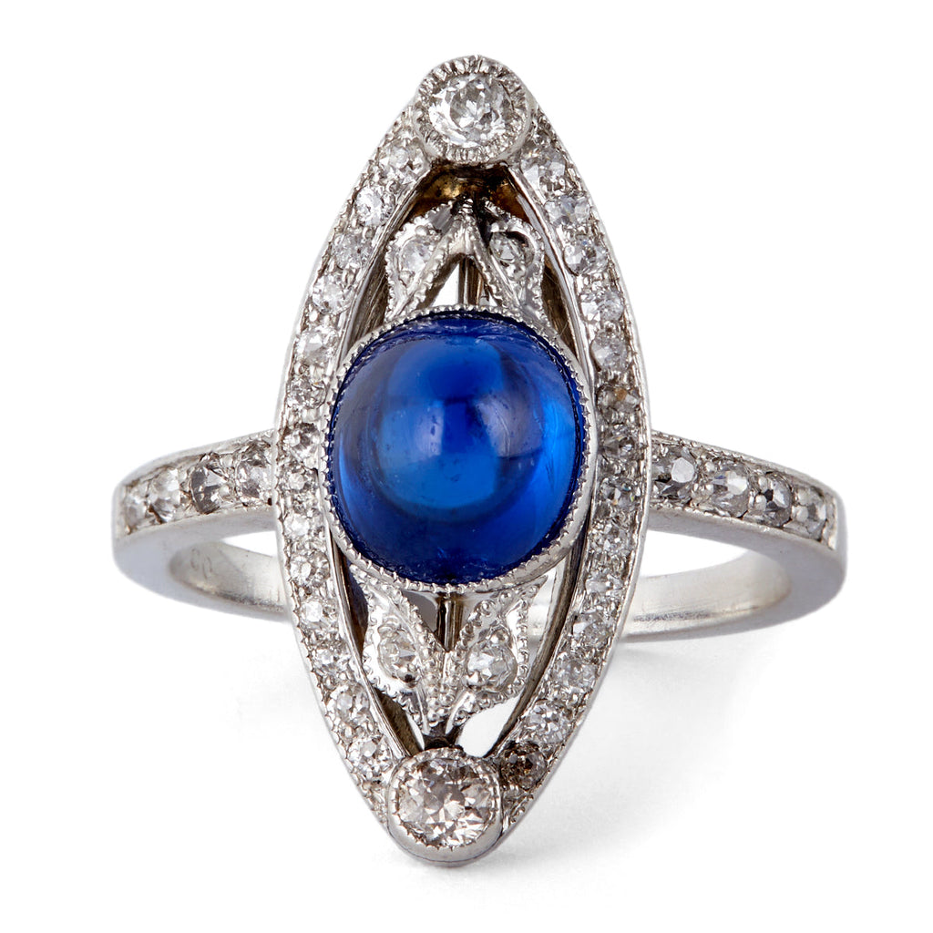 Edwardian J.E. Caldwell Sapphire Diamond Platinum Navette Dinner Ring