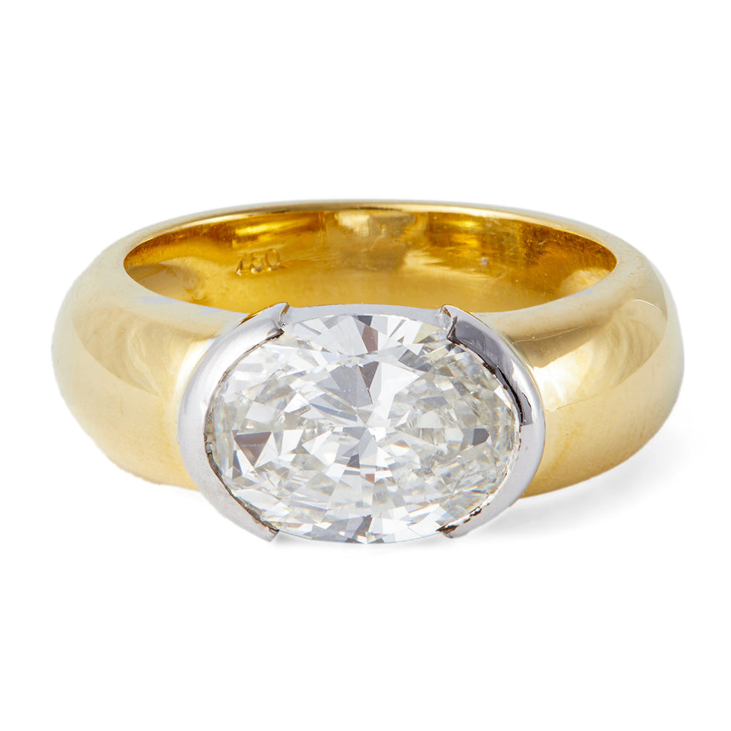 Vintage GIA 1.99 Carat Oval Cut Diamond 18k Yellow Gold Platinum Solitaire Ring