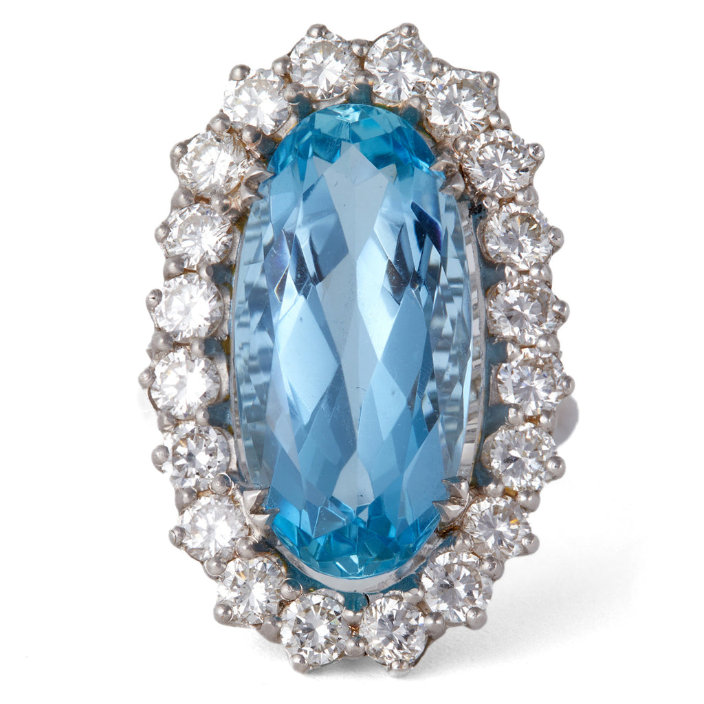 Mid Century French 10.23 Carats Aquamarine Diamond Platinum Cluster Ring