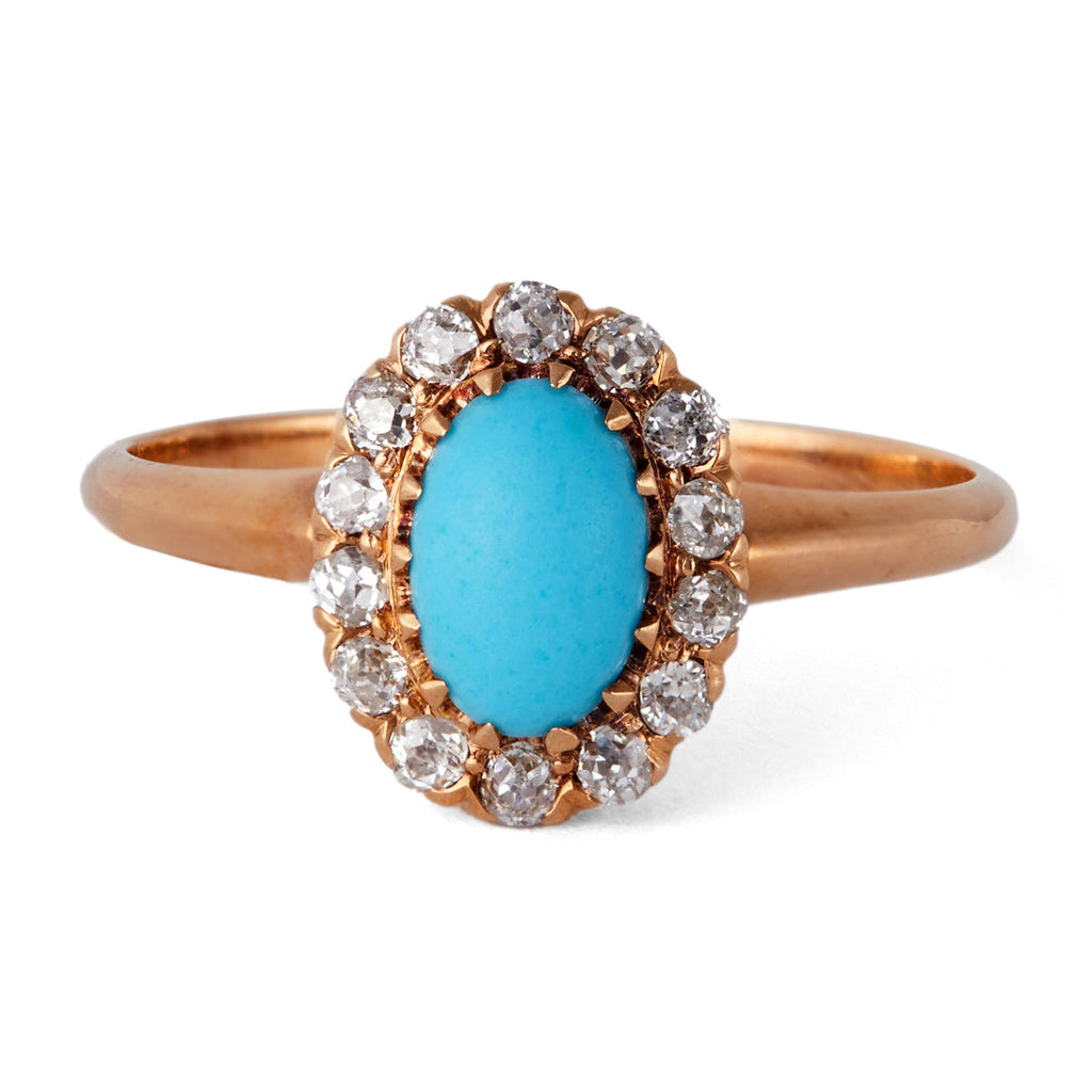 Victorian Turquoise Diamond 14k Rose Gold Cluster Ring