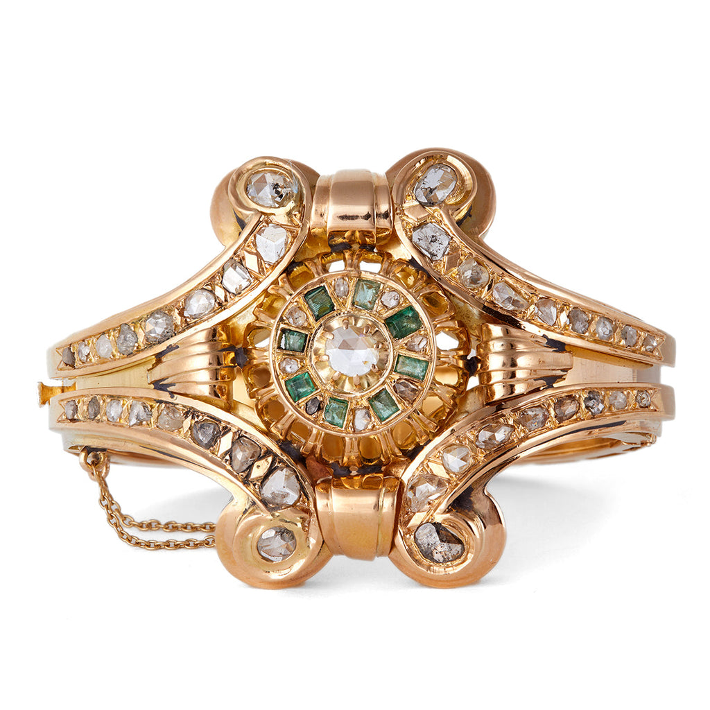Retro Diamond Emerald 18k Yellow Gold Hinged Bracelet