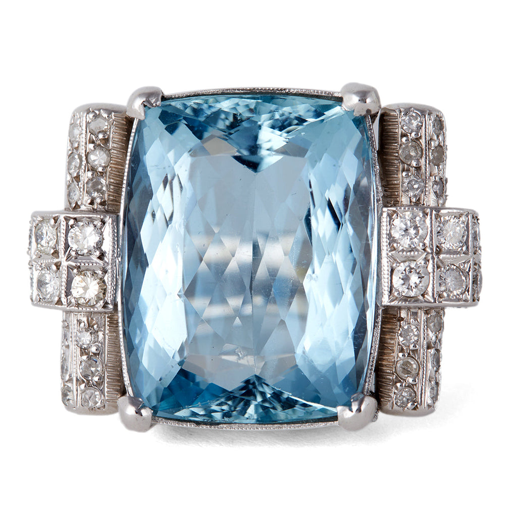 Mid Century Aquamarine Diamond Platinum Cocktail Ring