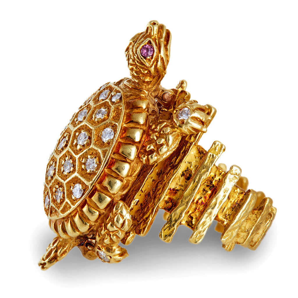 Vintage Diamond Ruby 18k Yellow Gold Convertible Turtle Ring Brooch