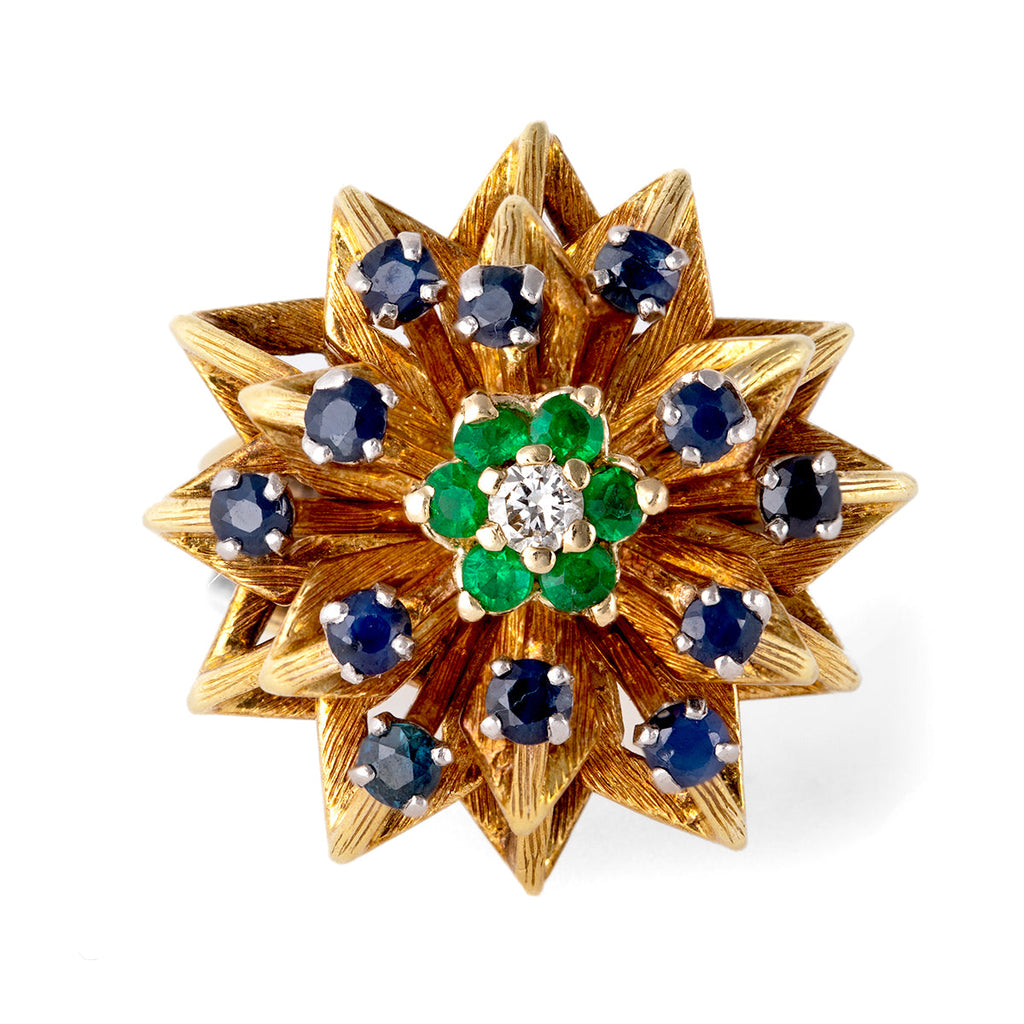 Vintage Sapphire Emerald Diamond 18k Yellow Gold Cocktail Ring