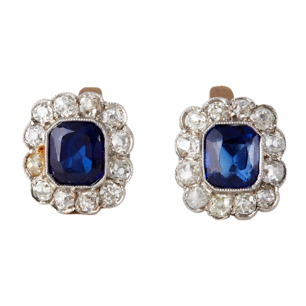 Edwardian Sapphire Diamond Platinum 18k Gold Cluster Earrings