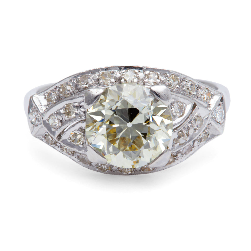 Art Deco 2.40 Carats Old European Cut Diamond Platinum Filigree Ring