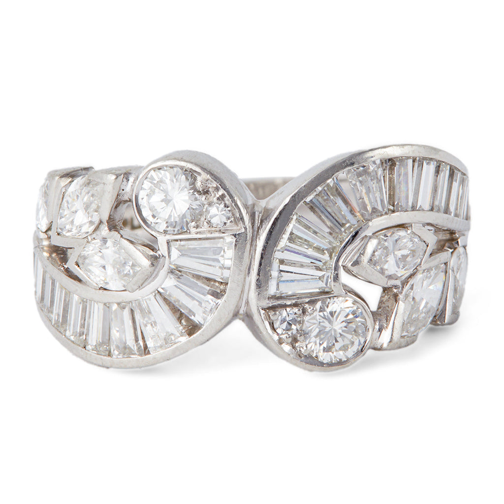 Mid Century Diamond Platinum Double Swirl Ring