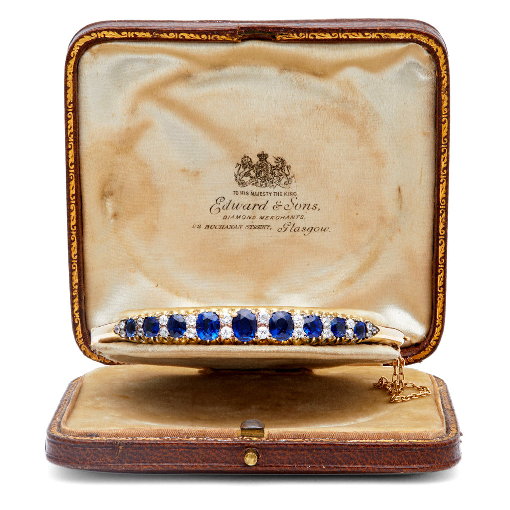 Edwardian Sapphire Diamond 14k Yellow Gold Hinged Cuff Bracelet