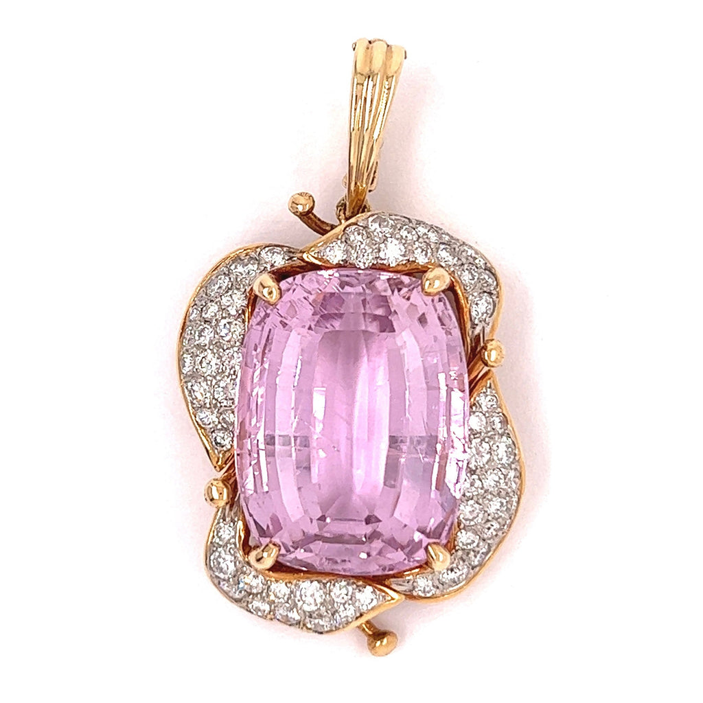 Vintage Kunzite Diamond 18 Karat Yellow Gold Platinum Pendant