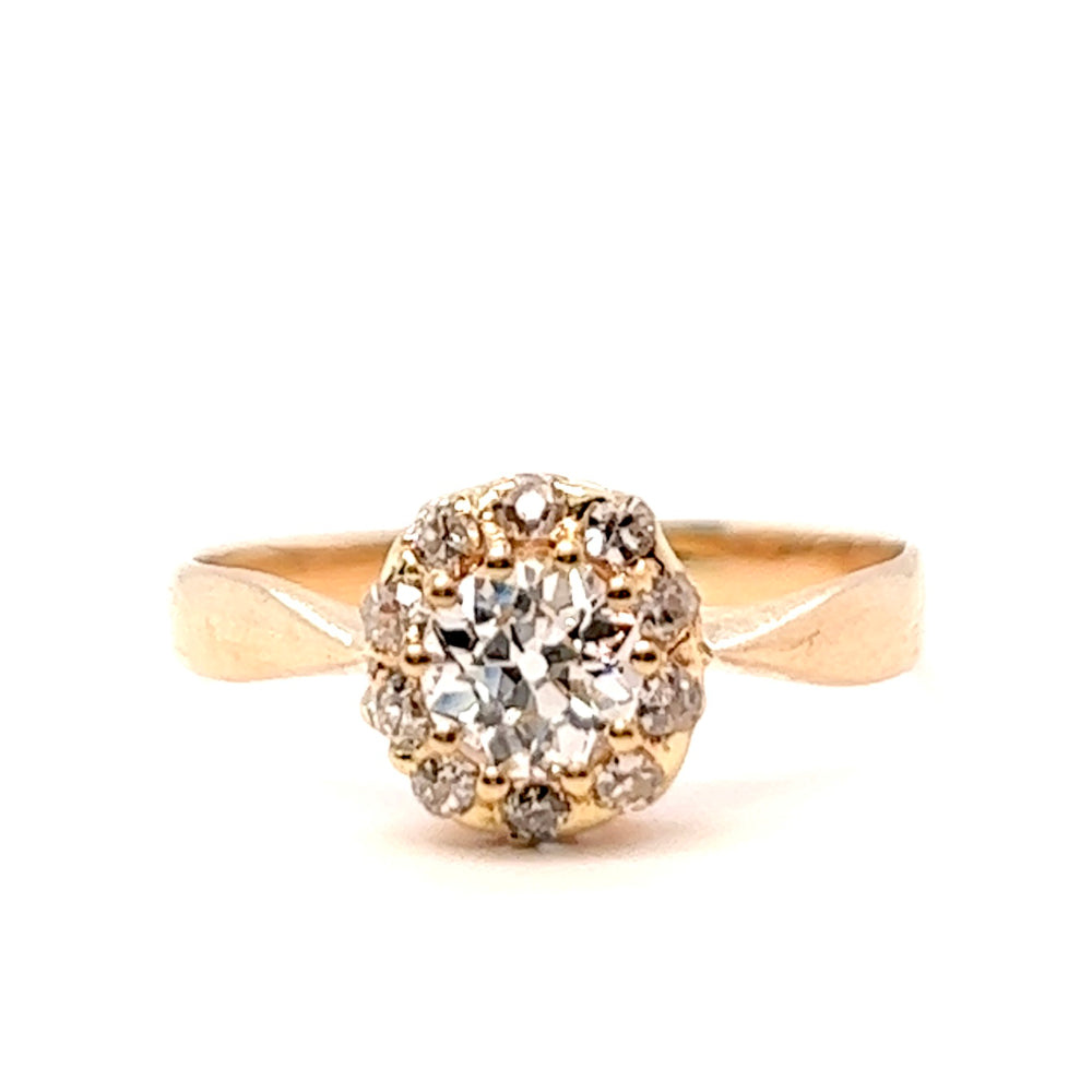 Antique GIA 0.71 Carat Old European Cut Diamond 14 Karat Rose Gold Cluster Ring