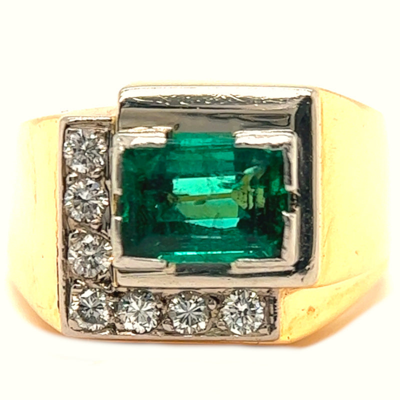 Mid Century Emerald Diamond 18 Karat Rose Gold Platinum Ring