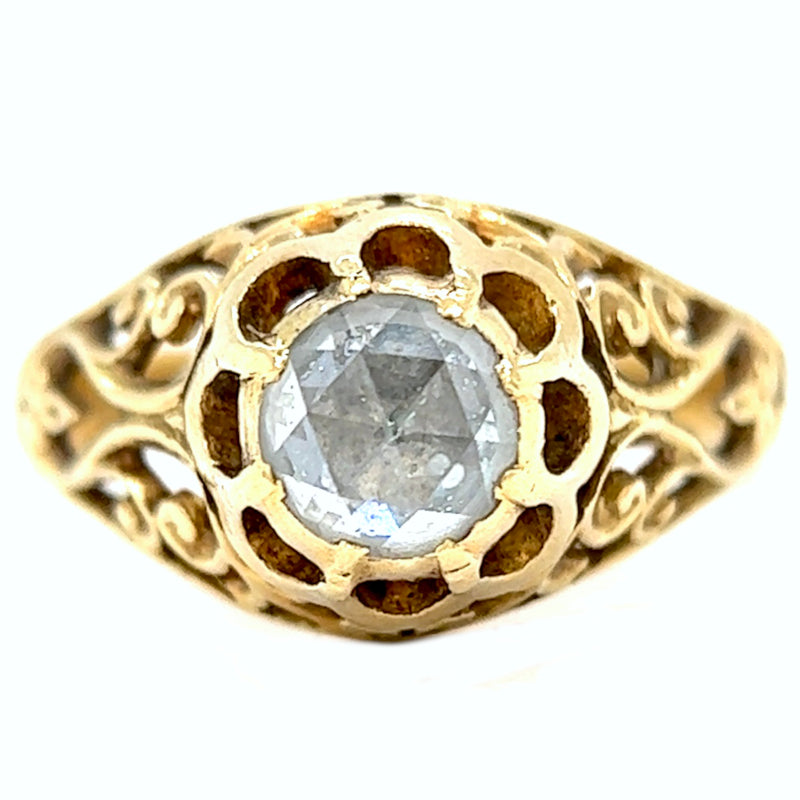 Art Nouveau Rose Cut Diamond 18 Karat Yellow Gold Foil Back Filigree Ring