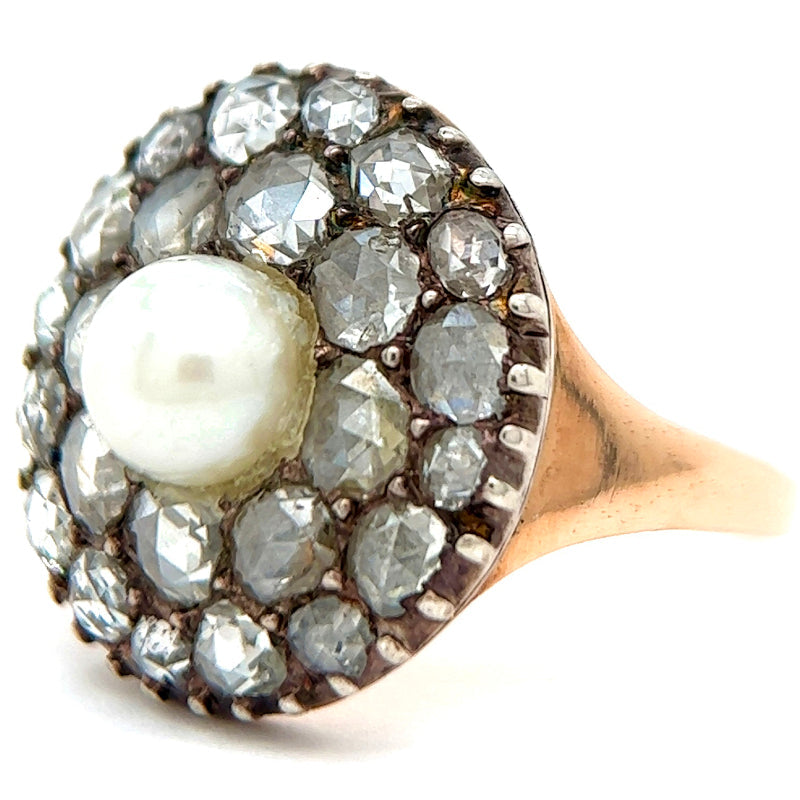 Georgian Pearl Rose Cut Diamond 14 Karat Rose Gold Silver Foil Back Dinner Ring