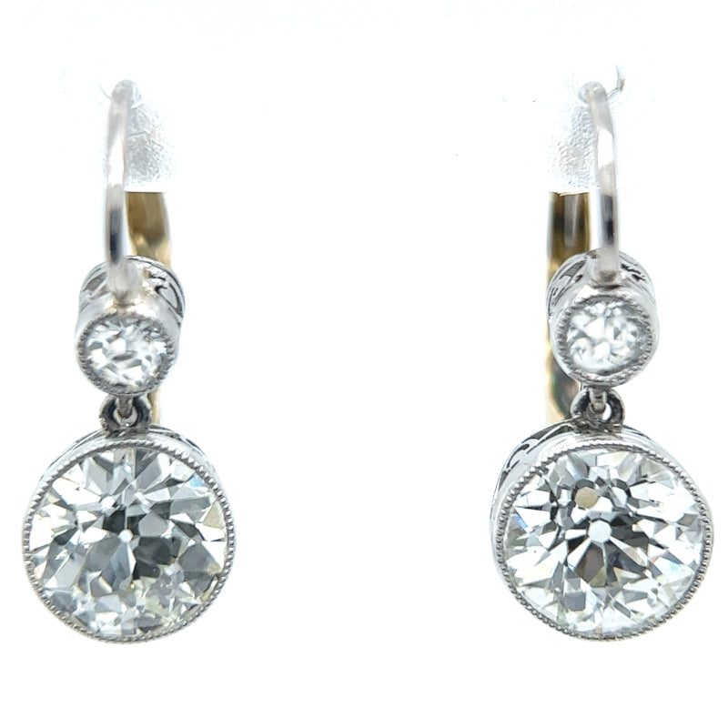 Antique Inspired 2.75 Carats Diamond Platinum 18k Yellow Gold Drop Earrings