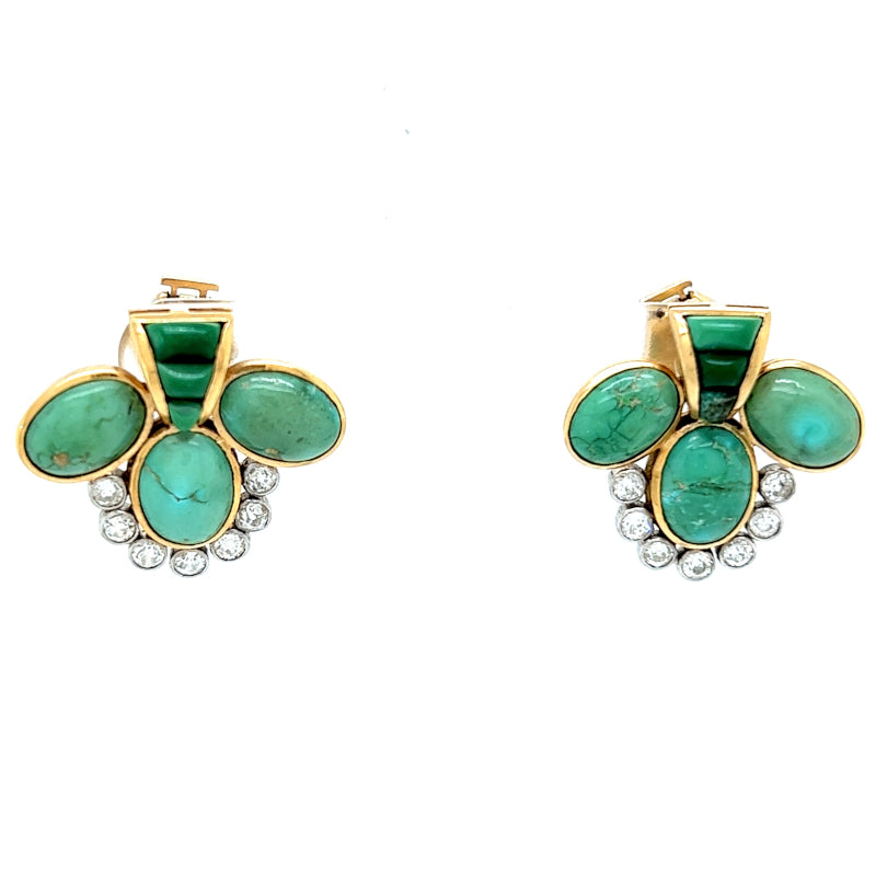 Vintage Turquoise Diamond 18 Karat Yellow Gold Stud Earrings