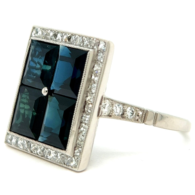 Art Deco Inspired Sapphire Diamond Platinum Square Cocktail Ring