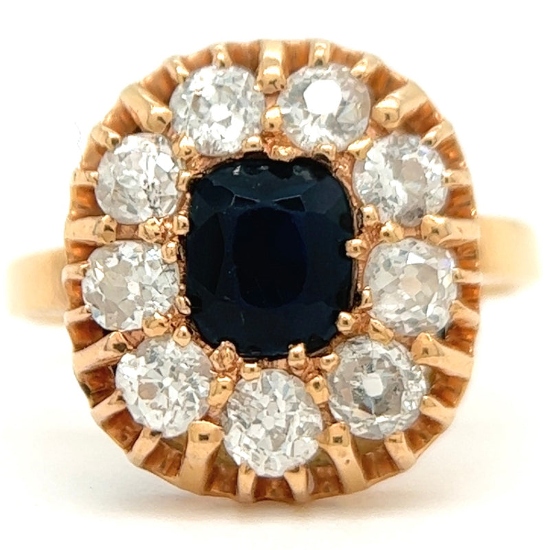 Edwardian Sapphire Diamond 18 Karat Yellow Gold Cluster Ring