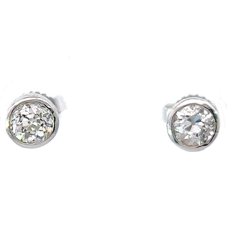 One Carat Old European Cut Diamonds 18 Karat White Gold Stud Earrings