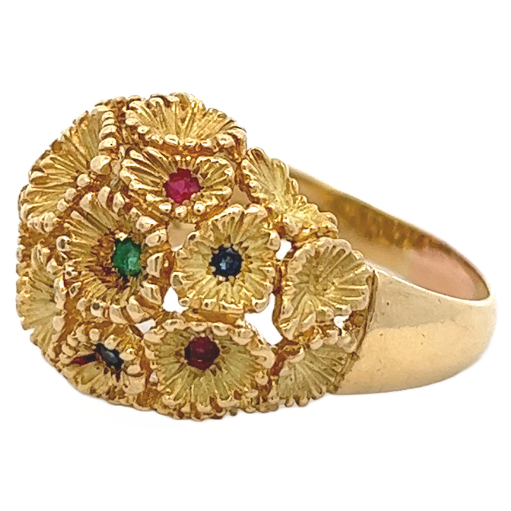 Vintage French Gemstone 18k Yellow Gold Bouquet Dome Ring