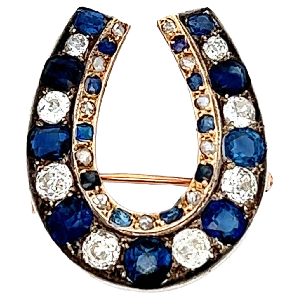 Antique French Sapphire Diamond 18 Karat Rose Gold Silver Horseshoe Brooch