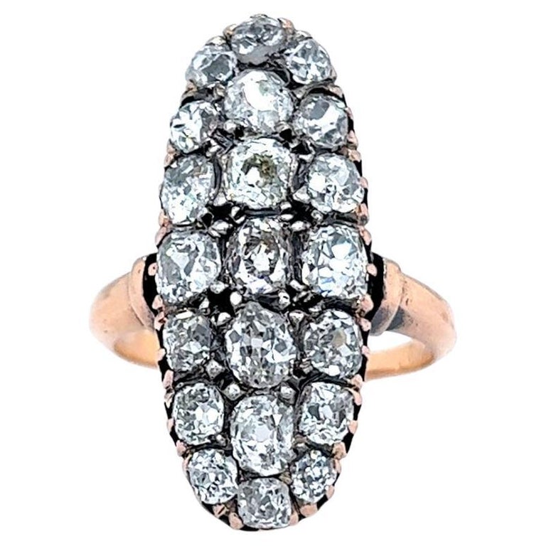 Napoleon III Era French Diamond Silver 18k Rose Gold Navette Dinner Ring