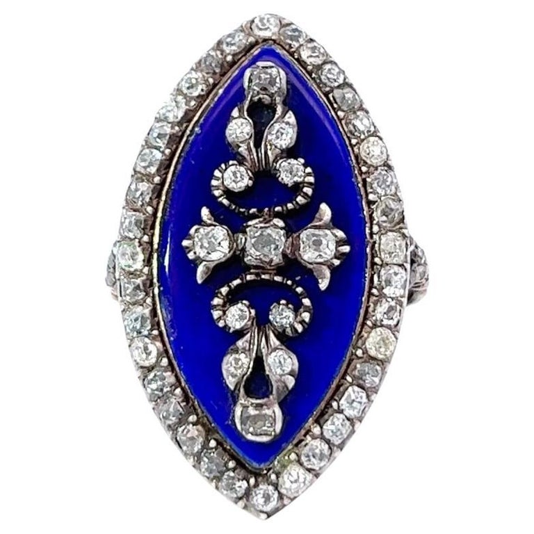 Georgian Diamond Enamel 18 Karat Gold Silver Ring
