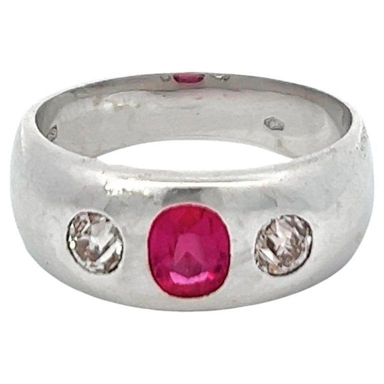 Austrian Art Deco Ruby Diamond 14 Karat White Gold Three Stone Bezel Set Ring