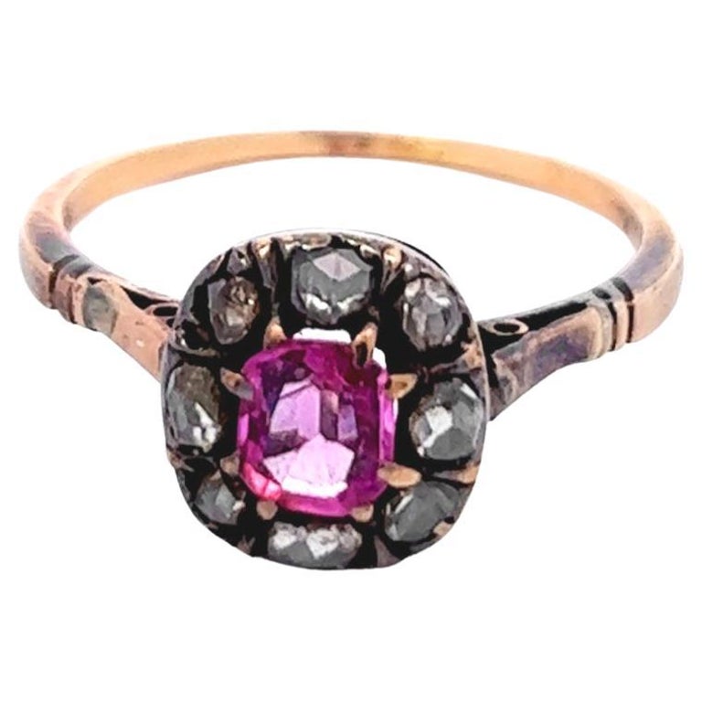 Antique Austro-Hungarian Pink Sapphire Diamond 14 Karat Rose Gold Cluster Ring