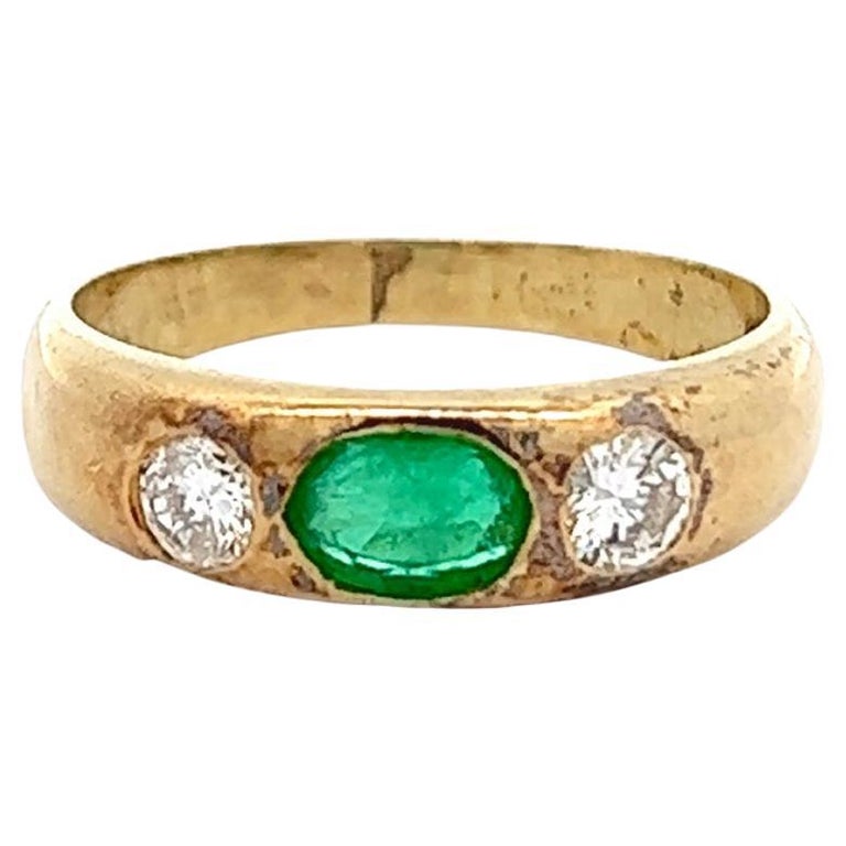 Antique Austrian Emerald Diamond 14 Karat Yellow Gold Three Stone Band Ring