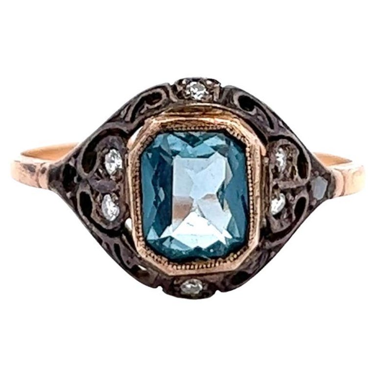 Art Deco Polish Created Stone Diamond Silver 14 Karat Rose Gold Ring