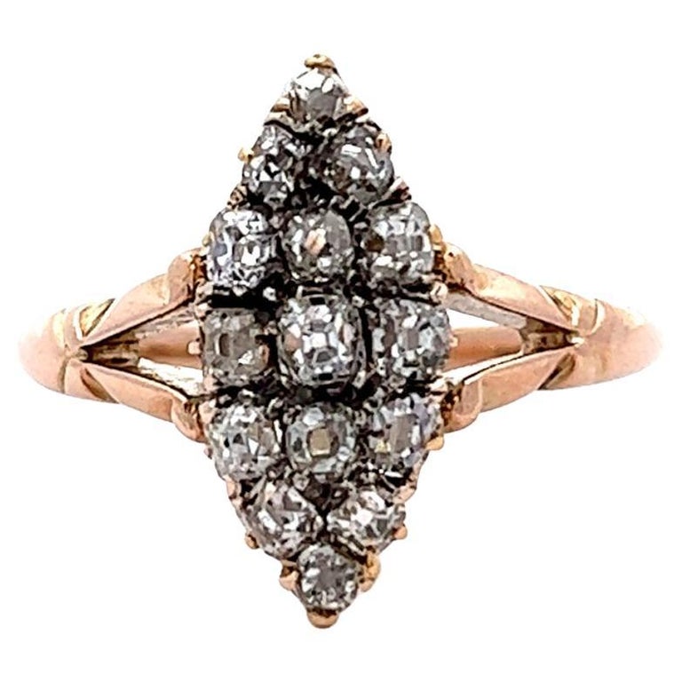 Victorian Old Mine Cut Diamond 18 Karat Rose Gold Navette Ring