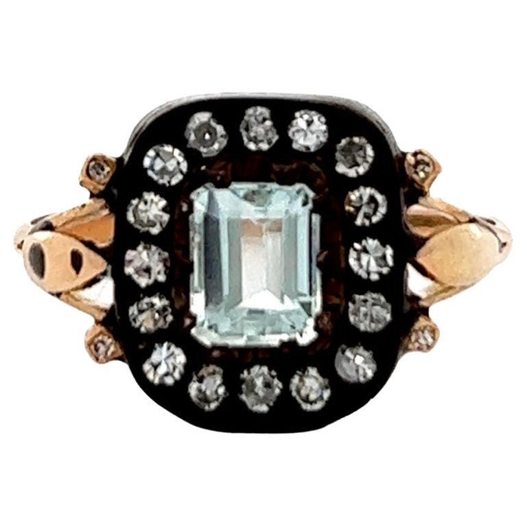 Antique Inspired Aquamarine Silver 14 Karat Yellow Gold Ring
